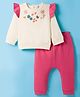 ToffyHouse Fleece Knit Full Sleeves Winter Wear Top & Lounge Pant Set With Floral Embroidery - Off White