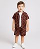 Ministitch Cotton Woven Half Sleeves Geometric Printed Coordinating Shirt & Shorts With Tee Set - Brown