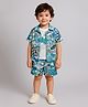 Ministitch Cotton Woven Half Sleeves Typography Printed Coordinating Shirt & Shorts With Tee Set - Blue