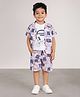 Ministitch Cotton Woven Half Sleeves Typography Printed Coordinating Shirt & Shorts With Tee Set - Beige