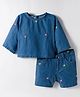 Under Fourteen Only Three Fourthy Sleeves Floral Embroidered Top & Coordinating Shorts Set - Blue
