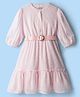 Hola Bonita Dobby Woven Full Sleeves Frock with Belt - Pink