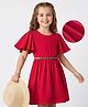 Hola Bonita Knit Half Flutter Sleeves Solid Texture Dress with Belt - Red