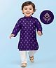EARTHY TOUCH Woven Full Sleeves Kurta Pajama Set with Floral Glitter Print - Navy Blue