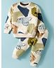 Teddy Fleece Knit Full Sleeves Winter Wear T-Shirt & Lounge Pant Set With Birds Print - Beige