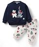 Teddy Fleece Knit Full Sleeves Winter Wear Night Suit With Tree Print - Navy Blue