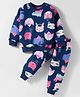 Teddy Fleece Knit Full Sleeves Winter Wear Co-ords Night Suit With Animal Print - Navy Blue