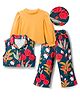 OLLINGTON ST. Knit Floral Printed Waist Coat With Cotton Full Sleeves Inner Top & Printed Pant Set - Mustard & Teal Blue