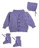 Little Angels Woollen Knit Full Sleeves Self Designed  Sweater With Cap & Booties - Violet