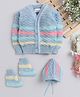 Little Angels Woollen Knit Full Sleeves Striped Sweater With Cap & Booties - Blue