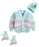 Little Angels Woollen Knit Full Sleeves Striped Sweater With Cap & Booties - Green