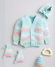 Little Angels Woollen Knit Full Sleeves Striped Sweater With Cap & Booties - Green