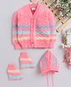 Little Angels Woollen Knit Full Sleeves Striped Sweater With Cap & Booties - Neon Pink