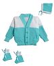 Little Angels Woollen Knit Full Sleeves  Colour Blocked Sweater With Cap & Booties   - Green