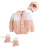 Little Angels Woollen Knit Full Sleeves  Colour Blocked Sweater With Cap & Booties - Peach