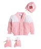 Little Angels Woollen Knit Full Sleeves  Colour Blocked Sweater With Cap & Booties - Peach