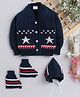 Little Angels Woollen Knit Full Sleeves Stars Designed  Sweater With Cap & Booties - Navy
