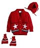 Little Angels Woollen Knit Full Sleeves Stars Designed  Sweater With Cap & Booties - Red