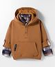 Little Kangaroos Cotton Woven Full Sleeves Hooded Sweatshirt with Checks & Kangaroo Pockets - Tan