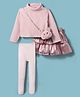 Little Kangaroos Woven Full Sleeves Top & Skirt Set With Leggings & Sling Bag - Pink