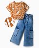 OLLINGTON ST. Cotton Knit Half Sleeves Text Printed Top & Denim Pants - Brown & Blue