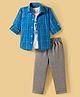 Rikidoos Full Sleeves Checked Shirt & Pant With Typography Printed Tee Set - Blue & Melange