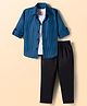 Rikidoos Full Sleeves Gingham Checked Shirt & Pant With Typography Printed Tee Set - Blue & Black