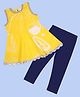 Kiddopanti Cotton Woven Sleeveless Floral Printed Gota Lace Embellished Peplum Kurti  & Leggings Set - Yellow White & Navy