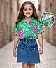 OLLINGTON ST. Cotton Half Sleeves Printed Top & Stretchable Denim Skirt - Multicolor & Blue