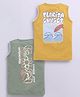 Biskid Cotton Knit Pack Of 2 Sleeveless Beach Theme & Typography Printed Tees - Mustard & Medium Green