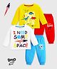 KUCHIPOO Cotton Knit Pack Of 2 Full Sleeves Dinosaurs Printed Tees & Joggers Set - Red Yellow White & Sky Blue