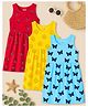 KUCHIPOO Cotton Blend Knit Pack Of 3 Sleeveless Strawberries & Sun Printed Dresses - Red Yellow & Aqua Blue