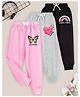 KUCHIPOO Cotton Blend Knit Pack Of 3 Heart & Typography Printed Track Pants - Pink Black & Grey