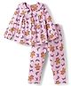 Babyhug Cotton Knit Full Sleeves Co-Ord Night Suit with Bow & Cookie Print - Pink