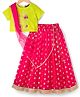 Pine Kids Woven Half Sleeves Floral Embroidered Choli with Foil Printed Lehenga & Dupatta Set - Pink & Limegreen