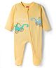 Babyhug Cotton Knit Footed Sleepsuit With Vehicle Print - Yellow