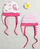 BUMZEE Cotton Knit Ear Flap Cap with Knot Dino & Striped Print Pack of 2 White & Pink - Diameter 10 cm