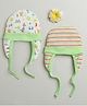 BUMZEE Cotton Knit Ear Flap Cap with Knot Dino & Striped Print Pack of 2 White & Light Green - Diameter 10 cm