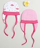 BUMZEE Cotton Knit Ear Flap Cap with Knot Cloud & Striped Print Pack of 2 White & Pink - Diameter 12 cm