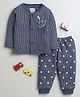 BUMZEE Cotton Knit Full Sleeves Thermal T-Shirt & Lounge Pant Set With Stripes & Star Print - Navy Blue