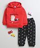 BUMZEE Fleece Knit Full Sleeves Winter Wear Hooded T-Shirt & Lounge Pant Set With Animal Embriodery - Red & Black