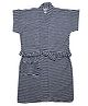BUMZEE Terry Cotton Woven Half Sleeves Bathrobe with Stripe Design - Navy Blue & White