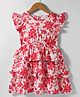 Kookie Kids Cotton Woven Frill Sleeves Dobby Floral Printed Layered Frock - Red