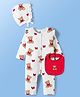 Doodle Poodle 100% Cotton Interlock Knit Full Sleeves Romper Cap & Bib With Bear Print - White & Red
