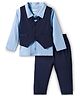 BUMZEE Cotton Knit Full Sleeves 3 Piece Party Suit With Bow Attached & Stripes Print - Sky Blue & Navy Blue