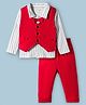 BUMZEE Cotton Knit Full Sleeves Vertical Striped 3 Piece Party Suit With Attached Bow - Red & White
