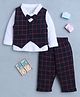 BUMZEE Cotton Knit Full Sleeves Checks 3 Piece Party Suit With Bow Applique - White & Navy -