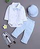 BUMZEE Cotton Knit Full Sleeves Floral Printed Onesie & Pant Set With Suspender & Cap - Powder Blue & White