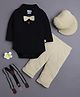 BUMZEE Cotton Knit Full Sleeves Solid Color Onesie & Pant Set With Suspender & Cap - Khaki & Black