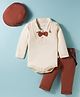 BUMZEE Cotton Knit Full Sleeves Collar Neck Onesie & Pant Set with Attached Bow Suspender & Cap - Brown & Cream